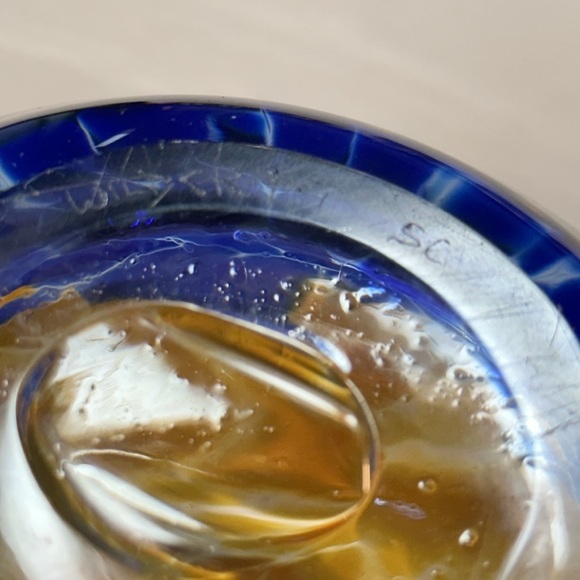 Hand Blown Art Glass Oil Lamp With Wick - Round - Blue/0range/Yellow - signed - Picture 6 of 6